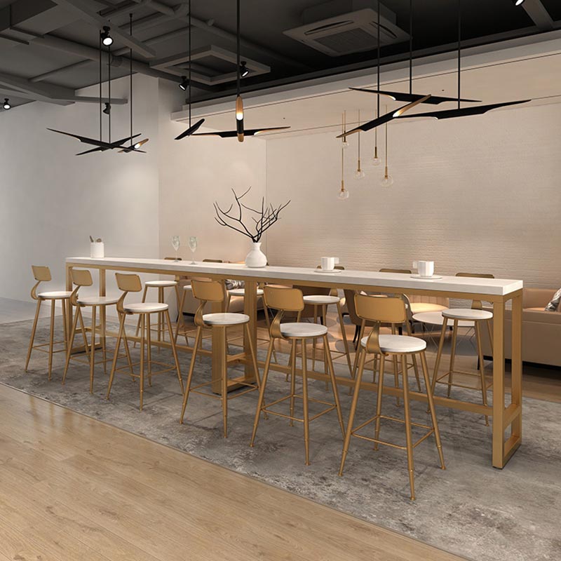 Gold and Metal Base Table White Rectangle Solid Wood Bar Table