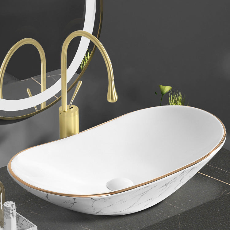 Contemporary Bathroom Sink Pop-Up Drain Porcelain Oval-Shape Vessel Bathroom Sink