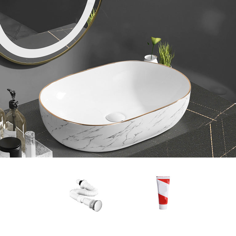 Contemporary Bathroom Sink Pop-Up Drain Porcelain Oval-Shape Vessel Bathroom Sink