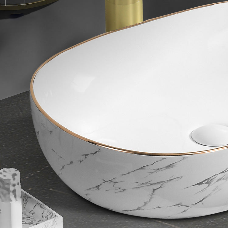 Contemporary Bathroom Sink Pop-Up Drain Porcelain Oval-Shape Vessel Bathroom Sink