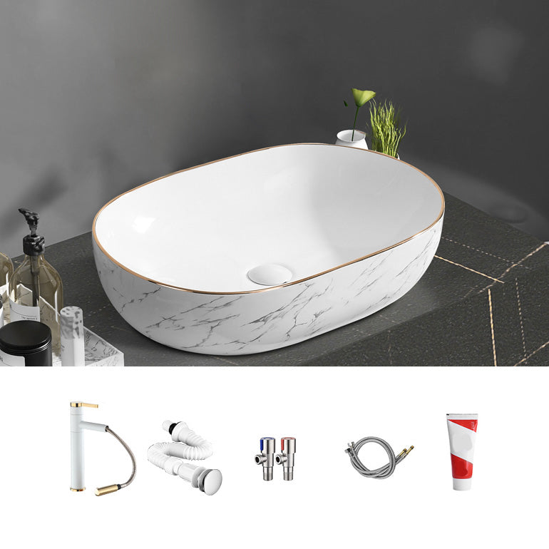 Contemporary Bathroom Sink Pop-Up Drain Porcelain Oval-Shape Vessel Bathroom Sink