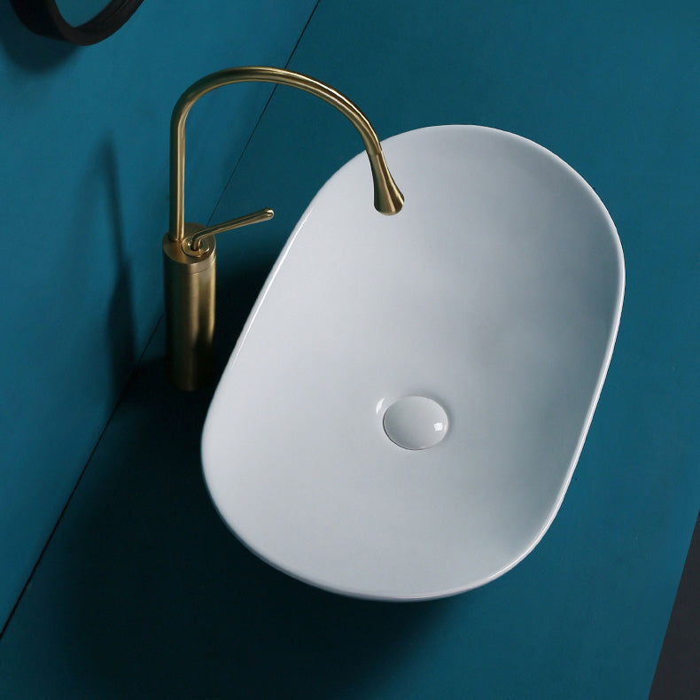 Contemporary Bathroom Sink Pop-Up Drain Porcelain Solid Color Oval-Shape Vessel Sink