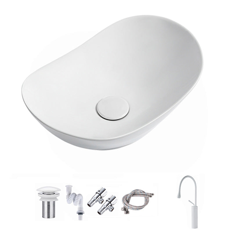 Contemporary Bathroom Sink Pop-Up Drain Porcelain Solid Color Oval-Shape Vessel Sink