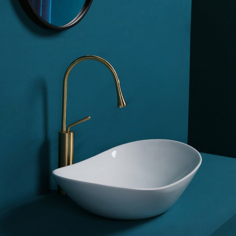 Contemporary Bathroom Sink Pop-Up Drain Porcelain Solid Color Oval-Shape Vessel Sink
