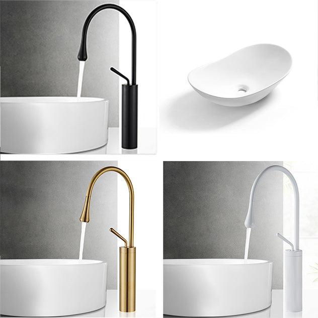 Contemporary Bathroom Sink Pop-Up Drain Porcelain Solid Color Oval-Shape Vessel Sink