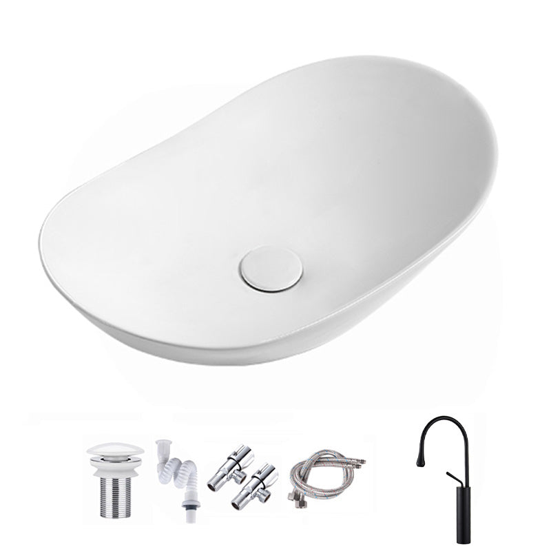 Contemporary Bathroom Sink Pop-Up Drain Porcelain Solid Color Oval-Shape Vessel Sink
