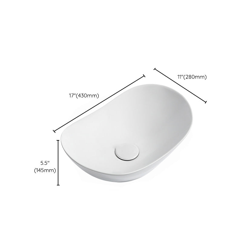Contemporary Bathroom Sink Pop-Up Drain Porcelain Solid Color Oval-Shape Vessel Sink