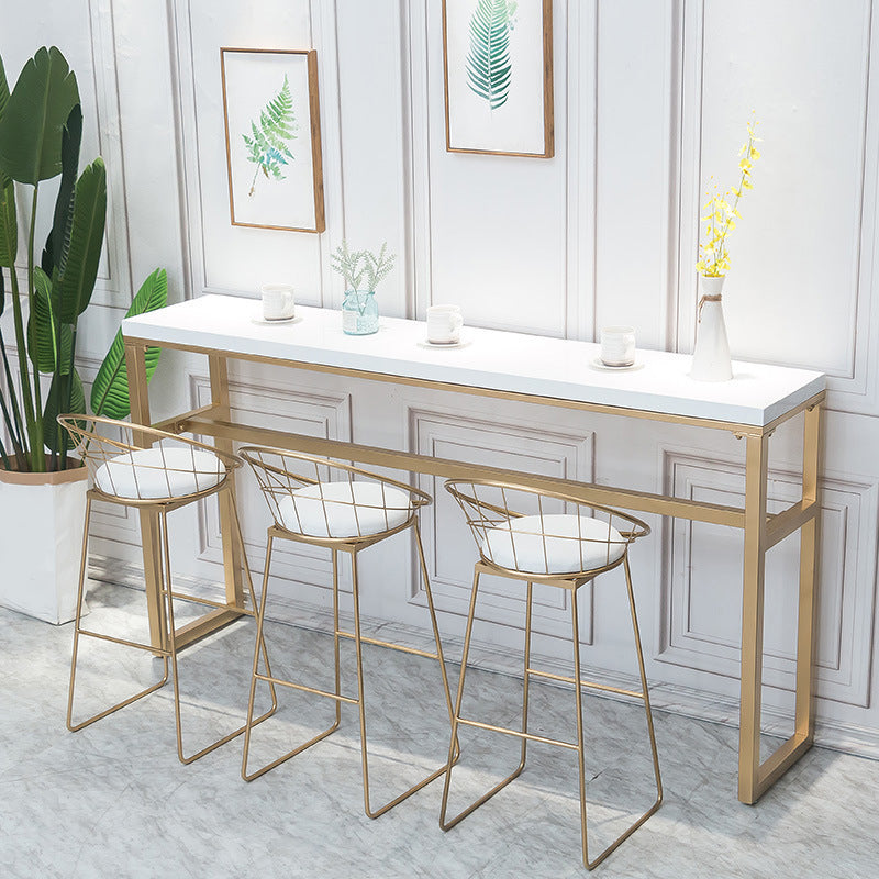 Rectangle White Solid Wood Table Gold and Metal Base Bar Table for Kitchen Living Room