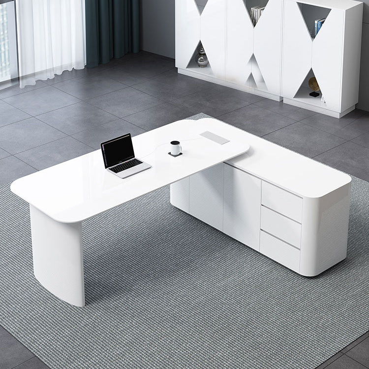 Contemporary White Executive Desk Cabinet L-Shape Office Desk Pedestal