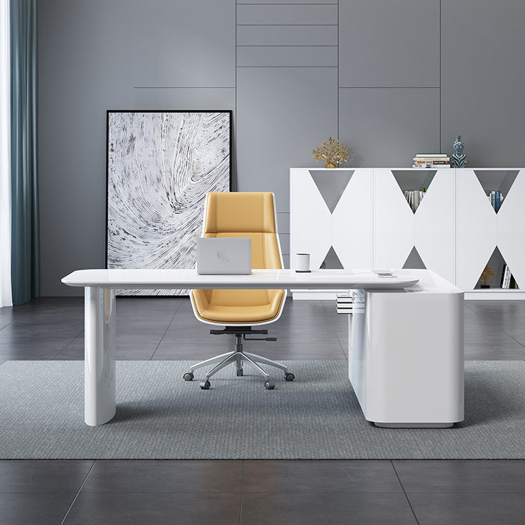 Contemporary White Executive Desk Cabinet L-Shape Office Desk Pedestal