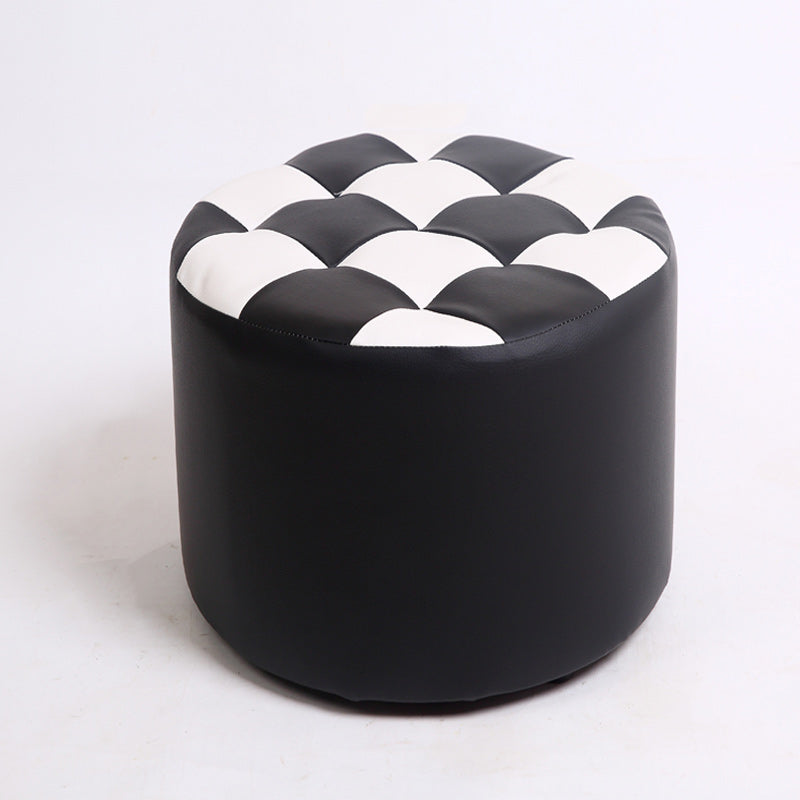 Contemporary Pouf Ottoman PU Leather Upholstered Tufted Square Pattern Round Ottoman