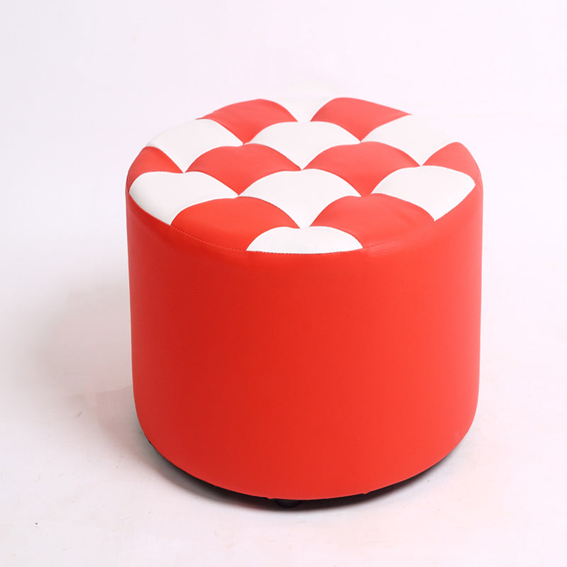 Contemporary Pouf Ottoman PU Leather Upholstered Tufted Square Pattern Round Ottoman