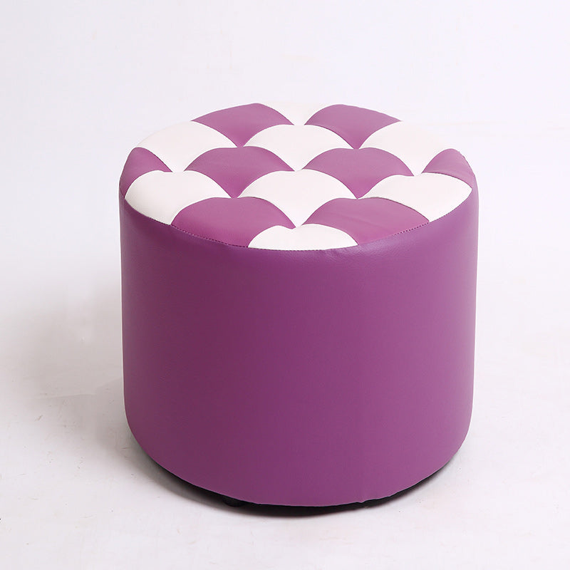 Contemporary Pouf Ottoman PU Leather Upholstered Tufted Square Pattern Round Ottoman