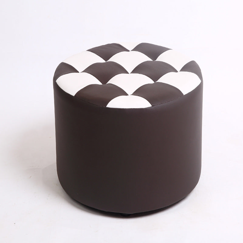 Contemporary Pouf Ottoman PU Leather Upholstered Tufted Square Pattern Round Ottoman