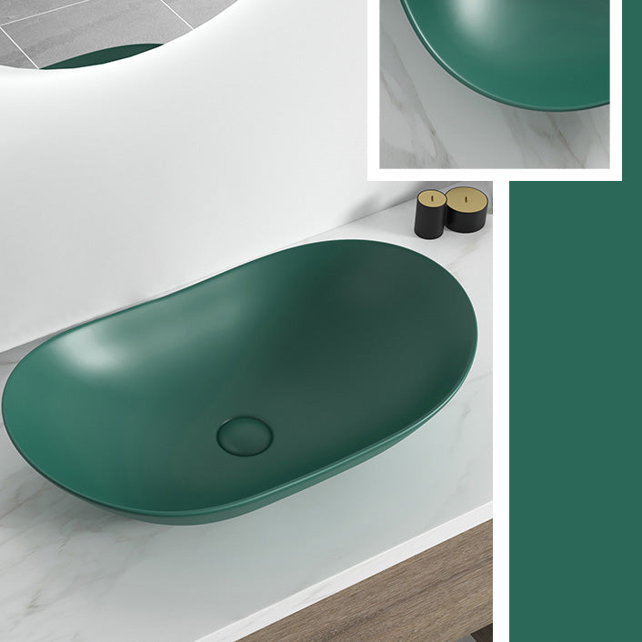 Contemporary Bathroom Sink Pop-Up Drain Porcelain Solid Color Oval-Shape Vessel