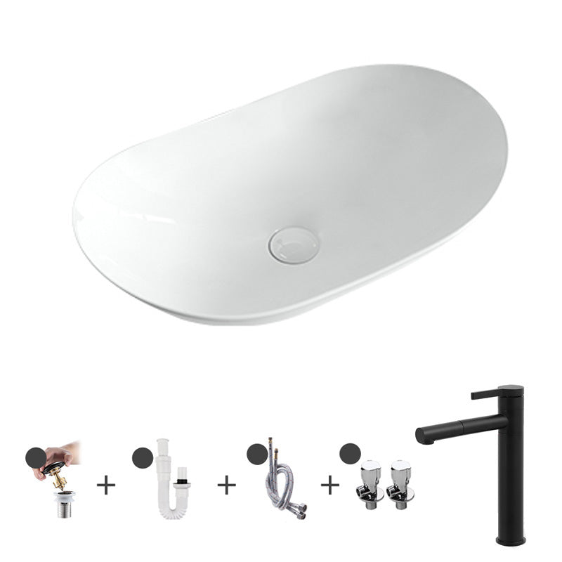 Contemporary Bathroom Sink Pop-Up Drain Porcelain Solid Color Oval-Shape Vessel