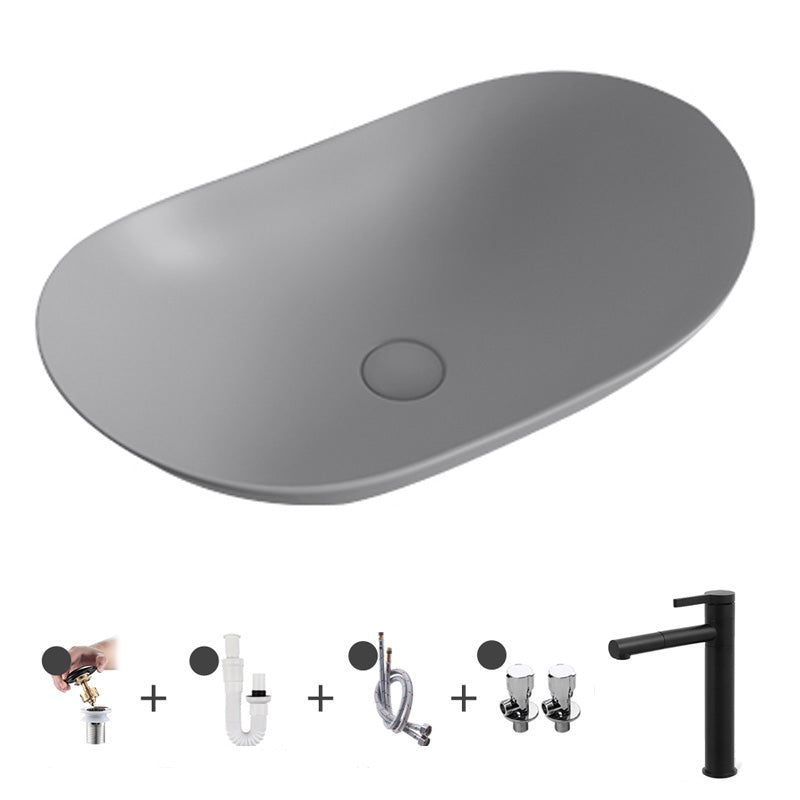 Contemporary Bathroom Sink Pop-Up Drain Porcelain Solid Color Oval-Shape Vessel