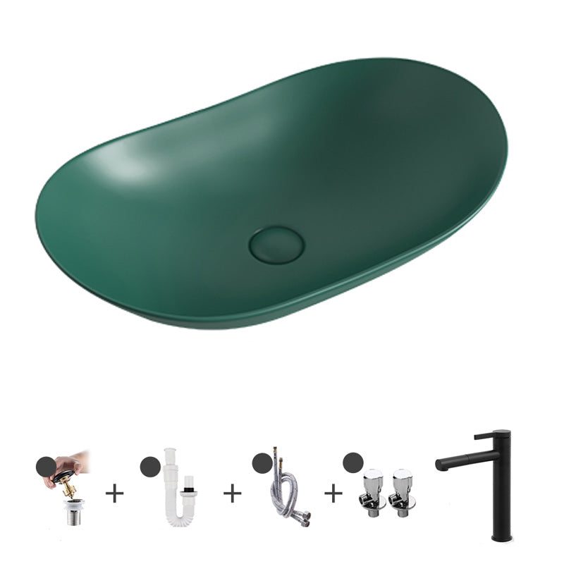 Contemporary Bathroom Sink Pop-Up Drain Porcelain Solid Color Oval-Shape Vessel
