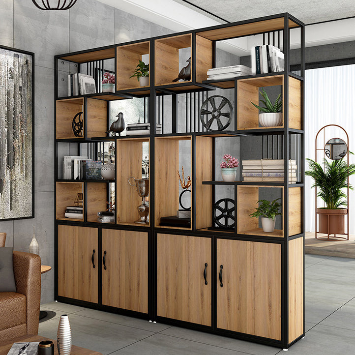 Metal and Wooden Bookcase Home Open Storage Bookshelf with 2 Doors