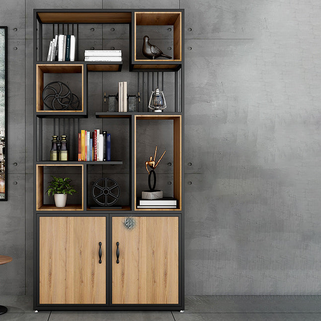 Metal and Wooden Bookcase Home Open Storage Bookshelf with 2 Doors