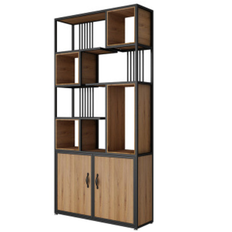 Metal and Wooden Bookcase Home Open Storage Bookshelf with 2 Doors