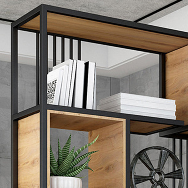 Metal and Wooden Bookcase Home Open Storage Bookshelf with 2 Doors