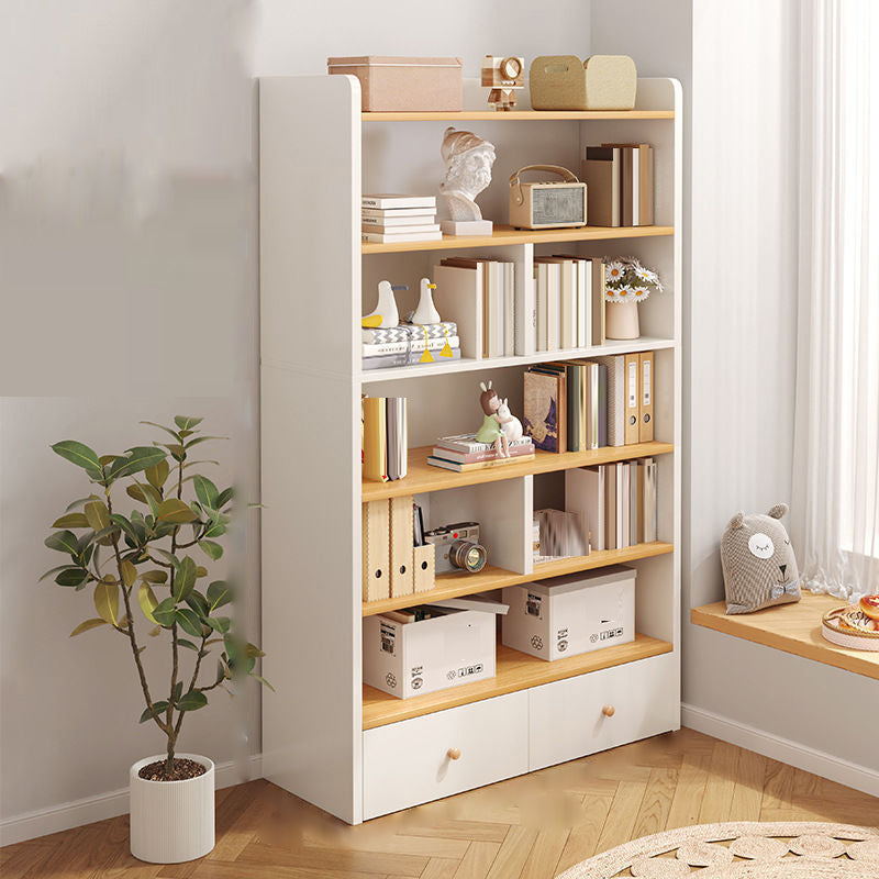 Engineered Wood Floor Bookcase Modern Vertical Closed Back Book Shelf with Drawers