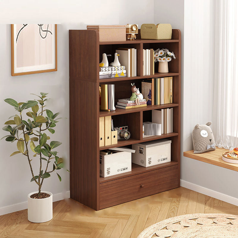 Engineered Wood Floor Bookcase Modern Vertical Closed Back Book Shelf with Drawers