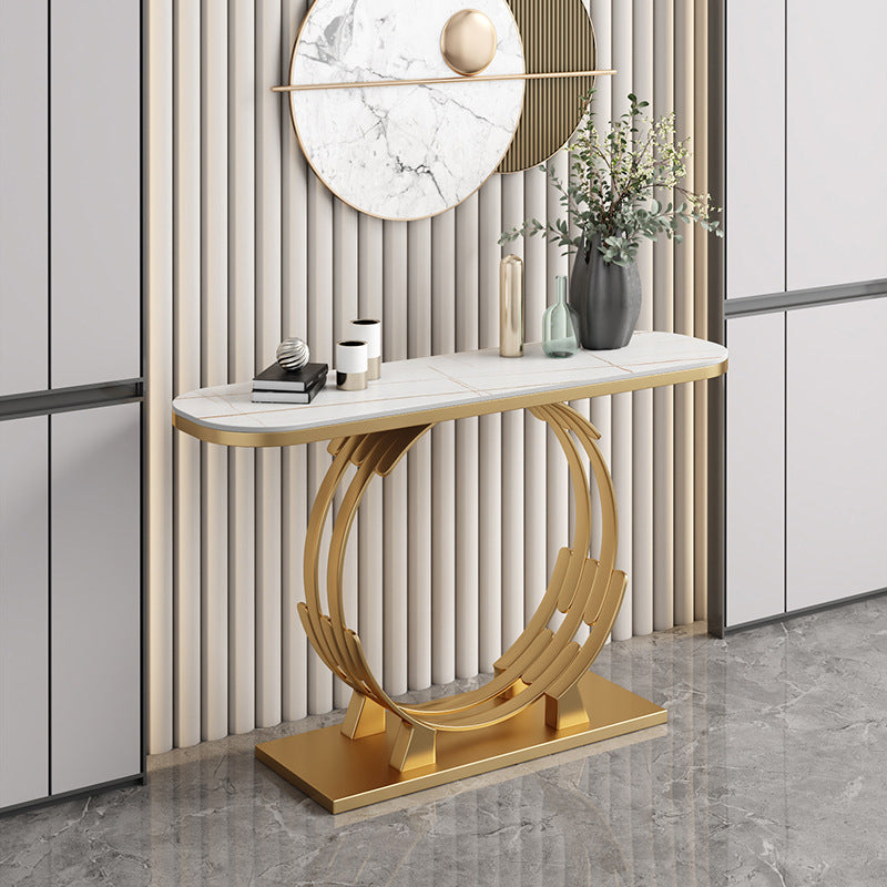 31.5-inch Tall Marble Console Table Glam Oval Accent Table with Shelf