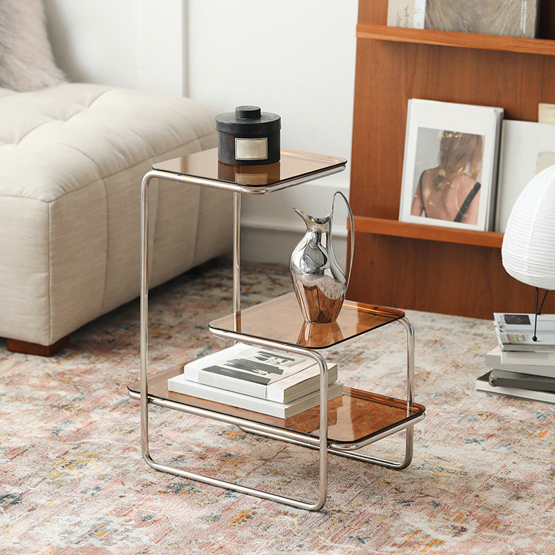 Modernistic Side Table Glass Sled with Storage Square 3-Tier End Table