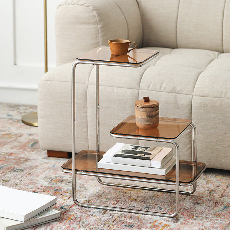 Modernistic Side Table Glass Sled with Storage Square 3-Tier End Table