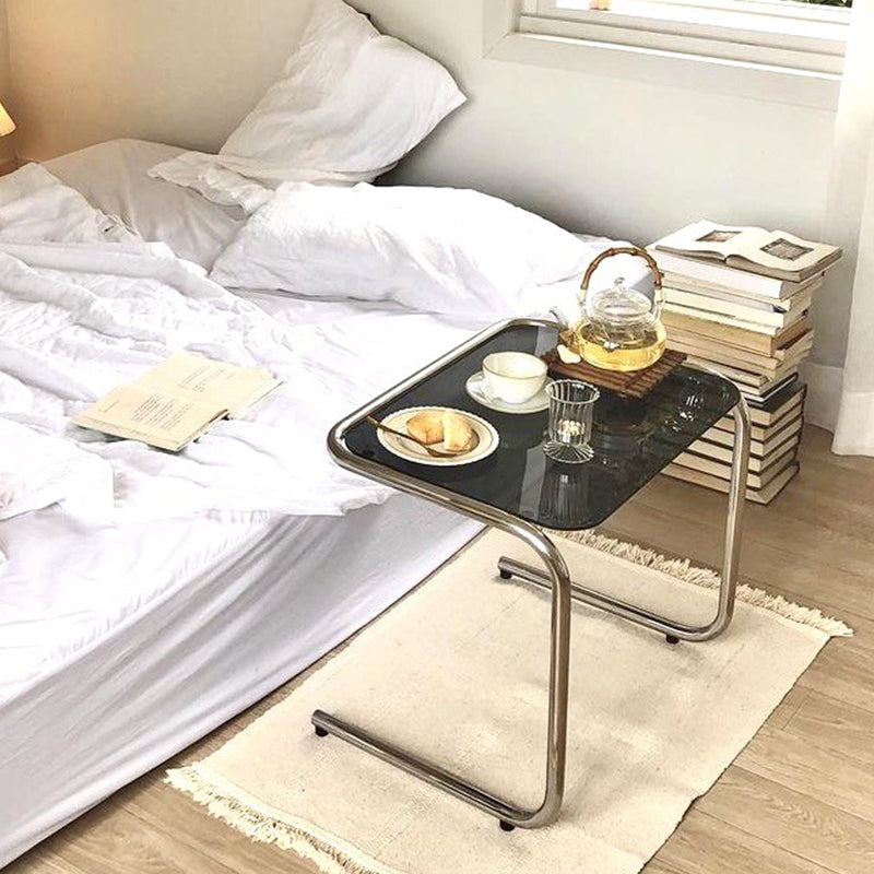Contemporary Sled Glass Metal Side Table Rectangular Bedside End Table