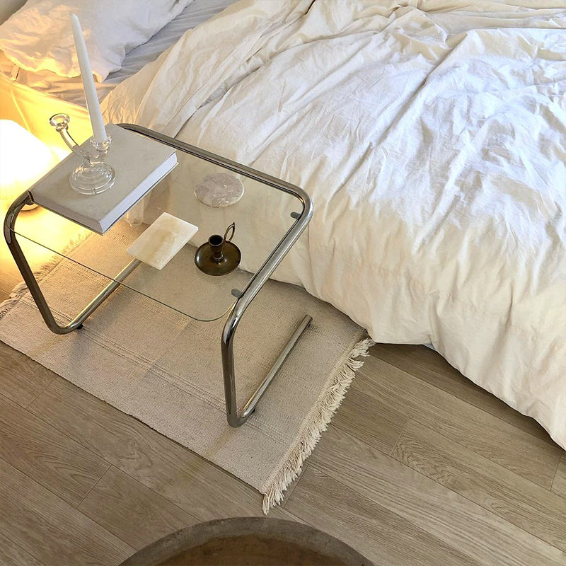 Contemporary Sled Glass Metal Side Table Rectangular Bedside End Table
