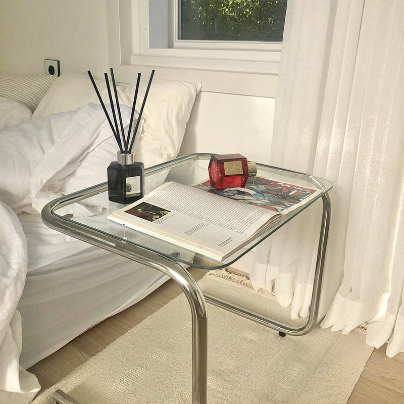 Contemporary Sled Glass Metal Side Table Rectangular Bedside End Table