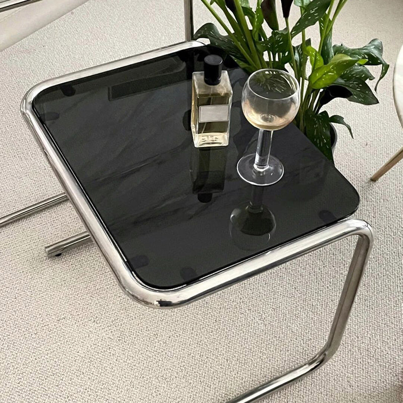 Contemporary Sled Glass Metal Side Table Rectangular Bedside End Table