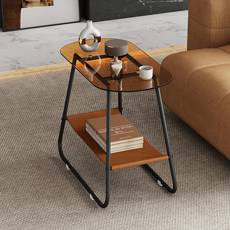 End Table Glass Sled with Storage Oval Contemporary Double Tier Side Table