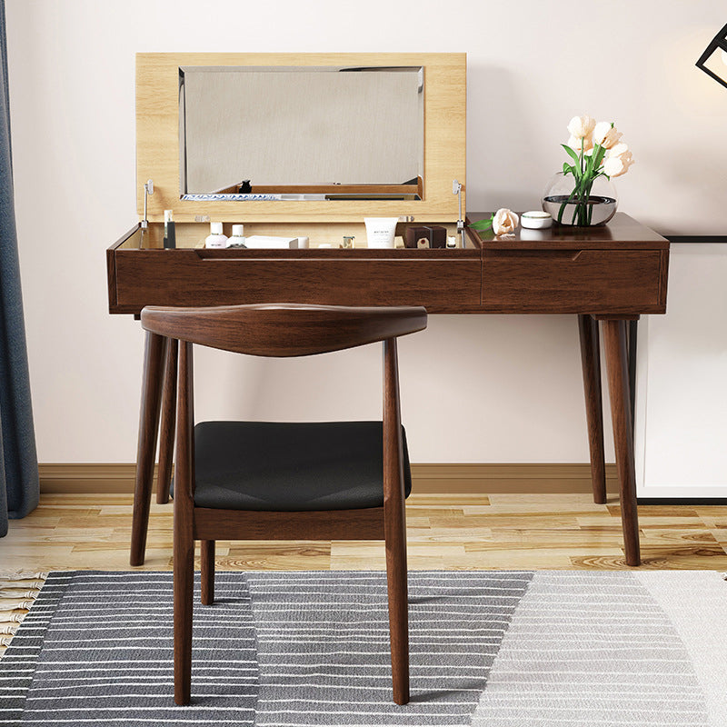 Rubberwood Dressing Table Set with Stool 1-Drawer Wood Vanity Table