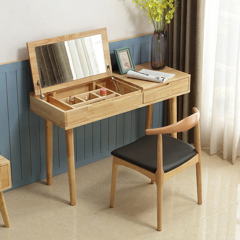 Rubberwood Dressing Table Set with Stool 1-Drawer Wood Vanity Table