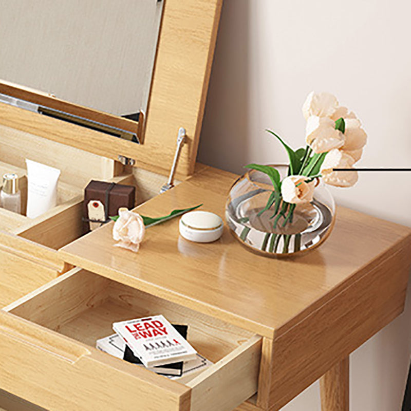 Rubberwood Dressing Table Set with Stool 1-Drawer Wood Vanity Table