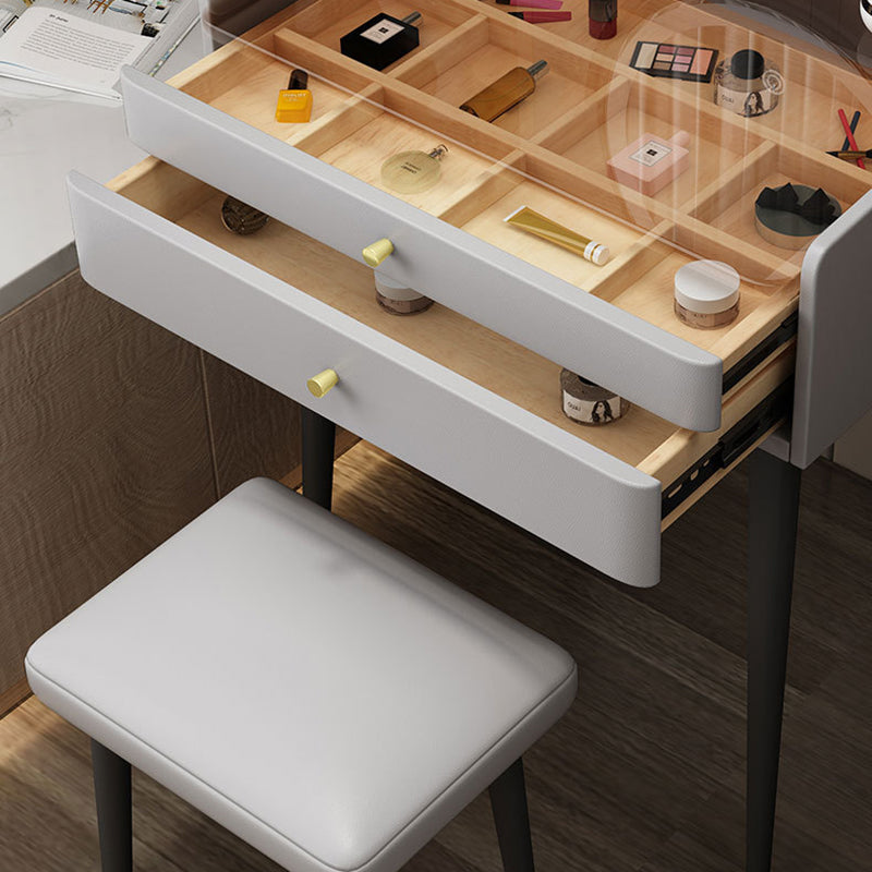 Contemporary 2-Drawer Vanity Makeup Table Set Glass Top Dressing Table Stool Set