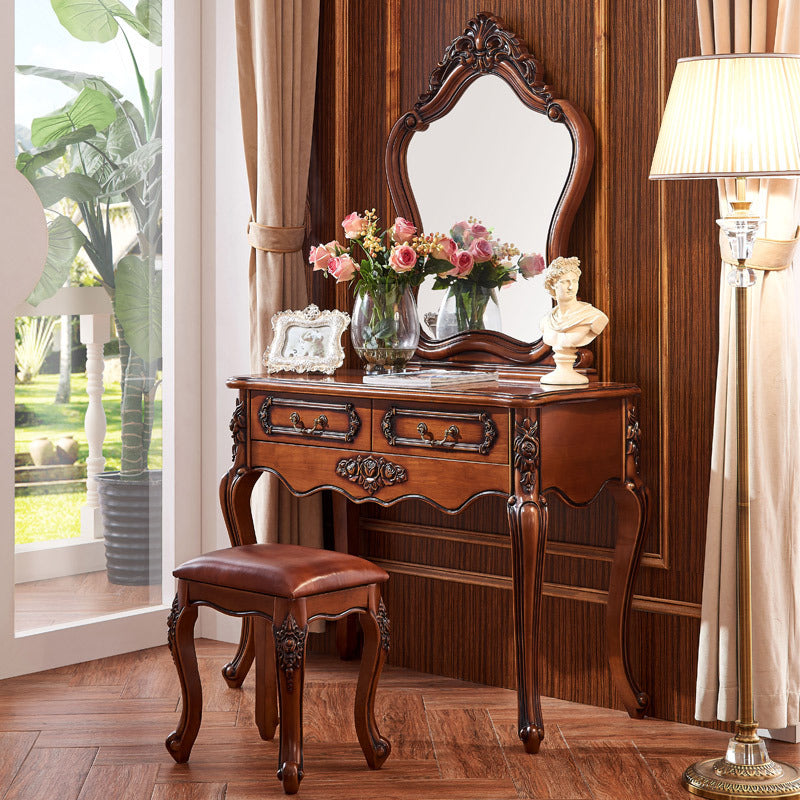 Victorian 2-Drawer Dressing Table Stool Set Solid Wood Vanity Desk