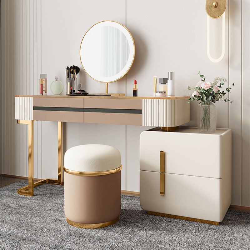 Glam Wood Makeup Vanity Desk Glass Top 4 Drawer Dressing Table