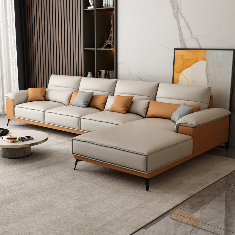 Pillow Top Arm Sectional Beige Faux Leather Sectional with Pillows