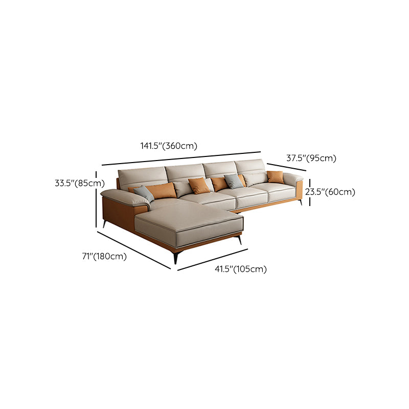 Pillow Top Arm Sectional Beige Faux Leather Sectional with Pillows