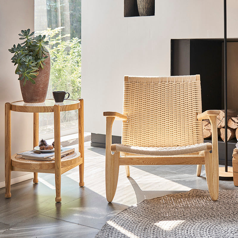 Woven Back Chair Square Arms Solid Wood Arm Chair for Living Room