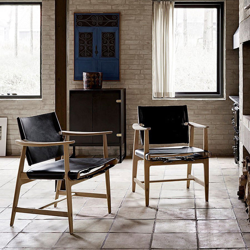 Mid-century Modern Real Aniline Leather Chair with Square Arms and 4 Legs