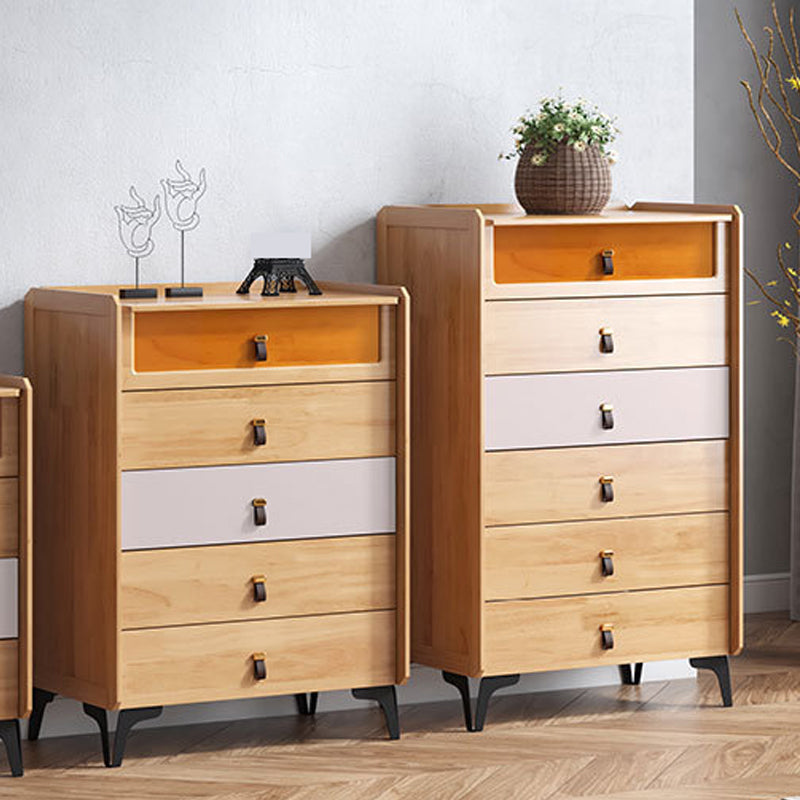 Mid-Century Modern Natural Chest with Drawers in Rubberwood and Black Legs
