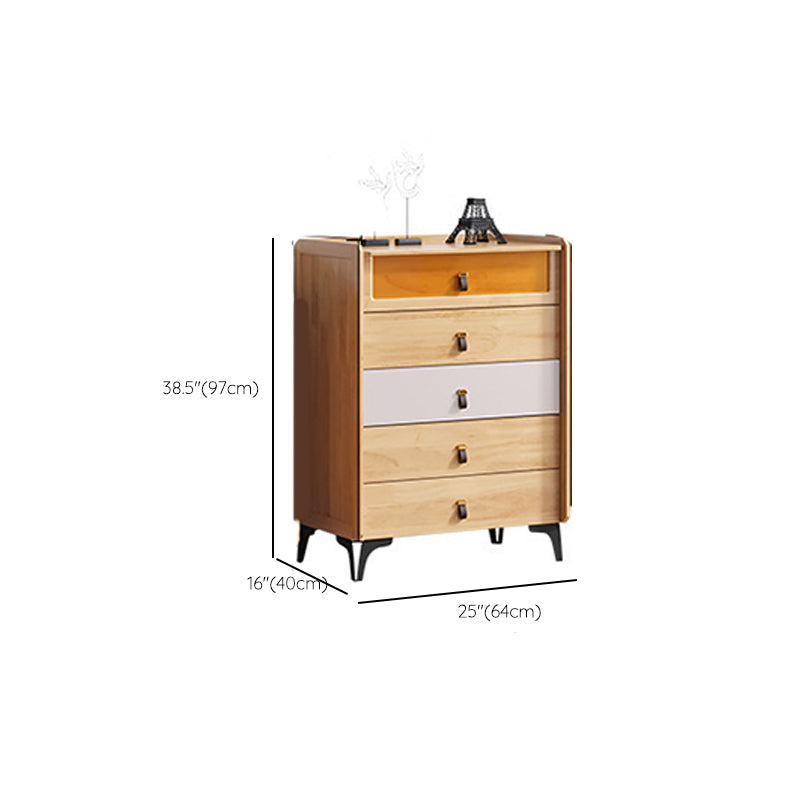 Mid-Century Modern Natural Chest with Drawers in Rubberwood and Black Legs