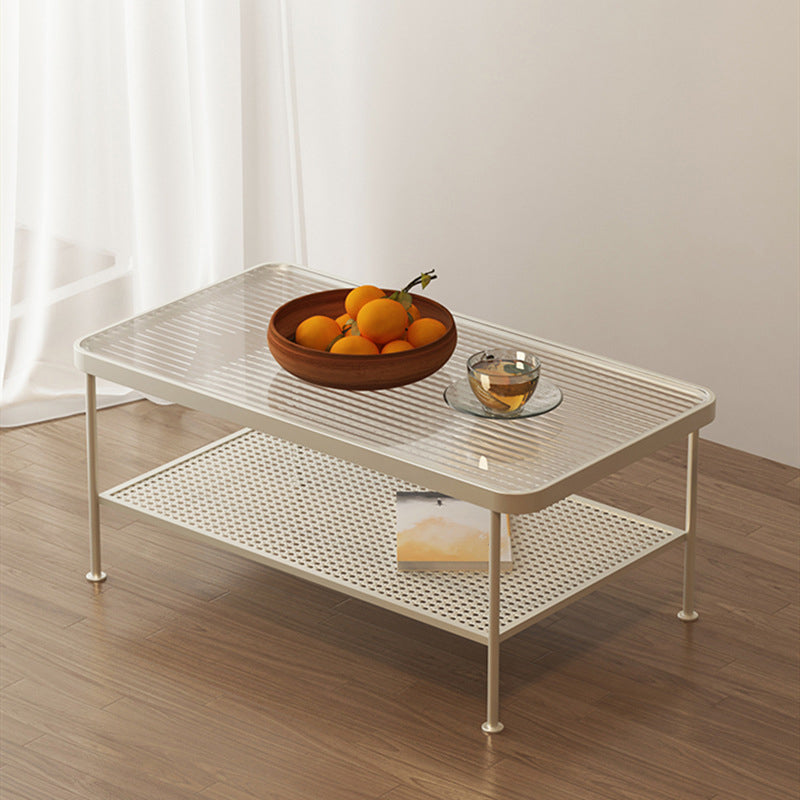 Glass Modern Rectangular Coffee Table with Shelf 4 Legs Cocktail Table