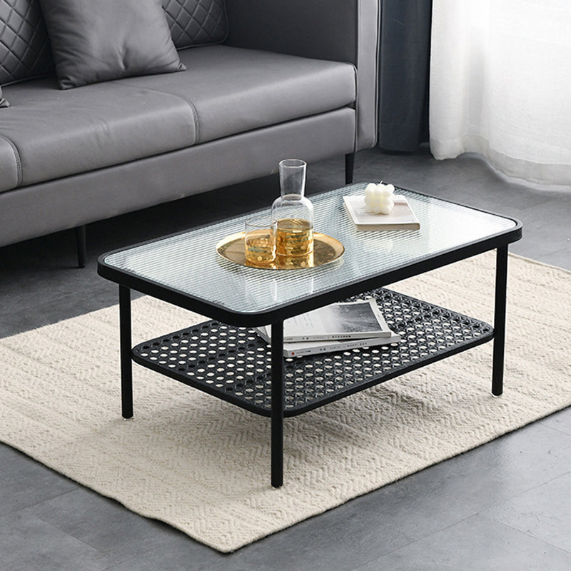 Glass Modern Rectangular Coffee Table with Shelf 4 Legs Cocktail Table